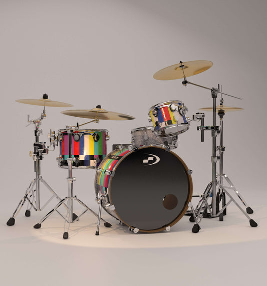 Drum set with colorful design on a gray background