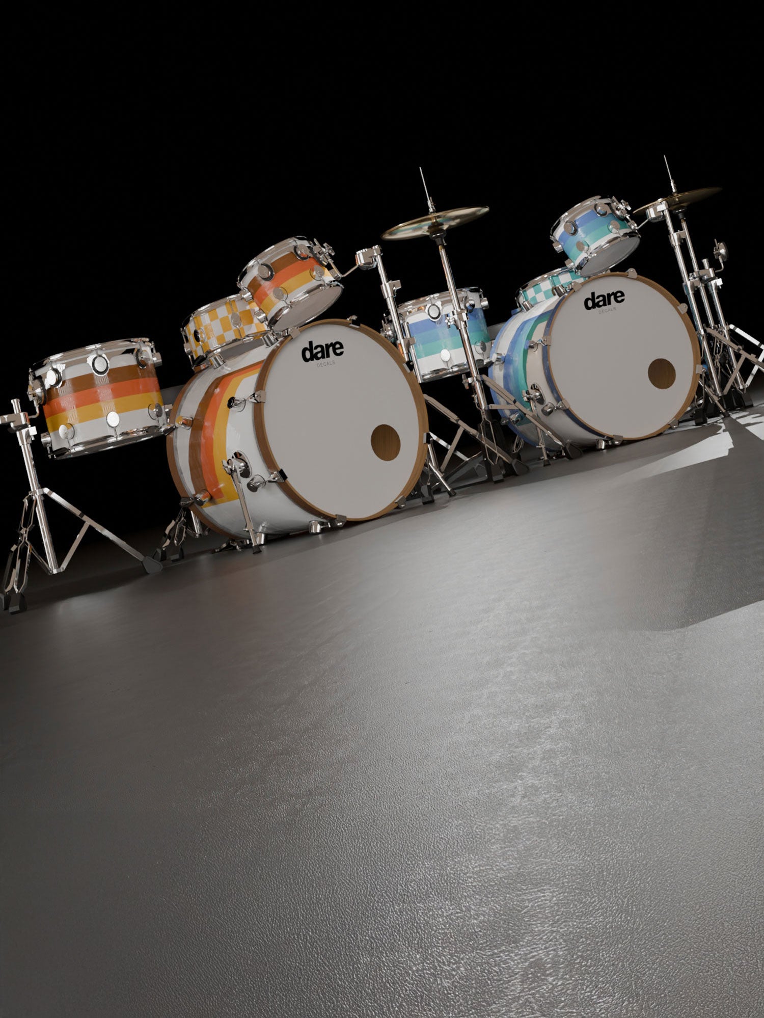 Drum set with 'dare' branding on a dark background