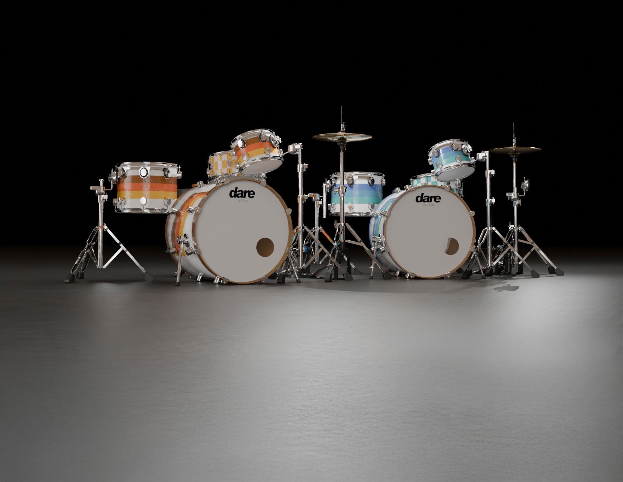Drum set with 'dare' branding on a dark background
