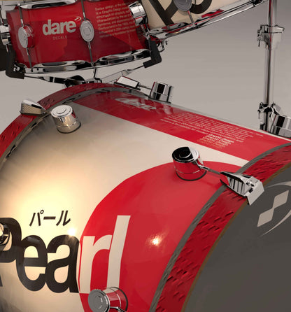 Close-up of a red and white Pearl drum with 'dare decals' on a gray background