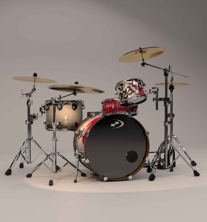 Drum set with red and black design on a gray background