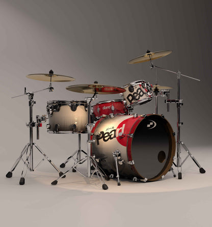 Drum set with 'Pearl' branding on a gray background