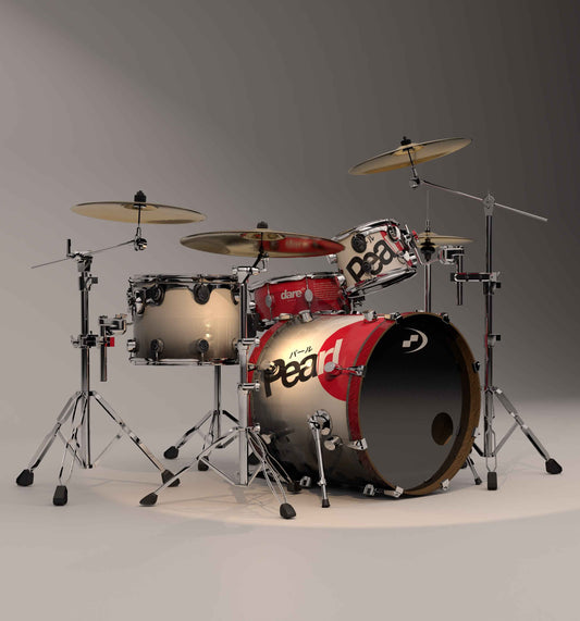 Drum set with 'Pearl' branding on a gray background