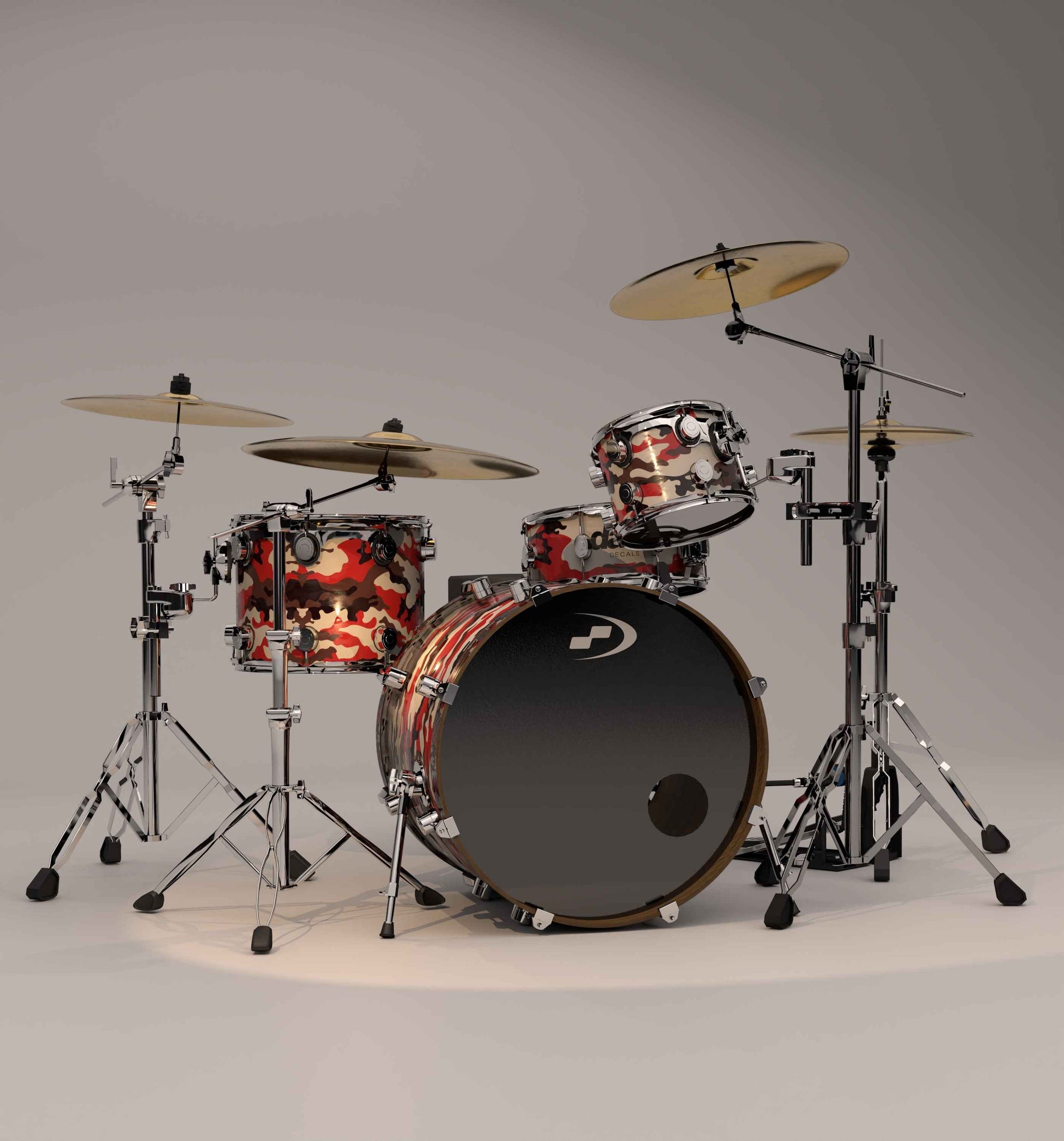 Drum set with colorful drum skins on a gray background