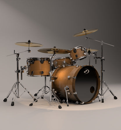 Wooden drum set with cymbals on a gray background