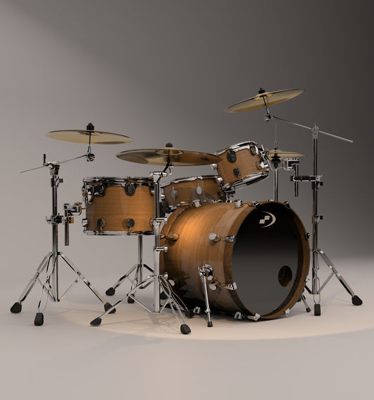 Wooden drum set with cymbals on a gray background