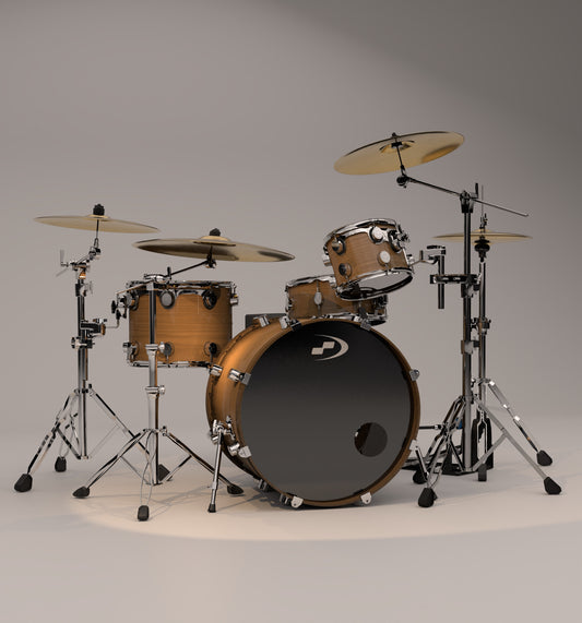 Drum set with wooden finish on a gray background